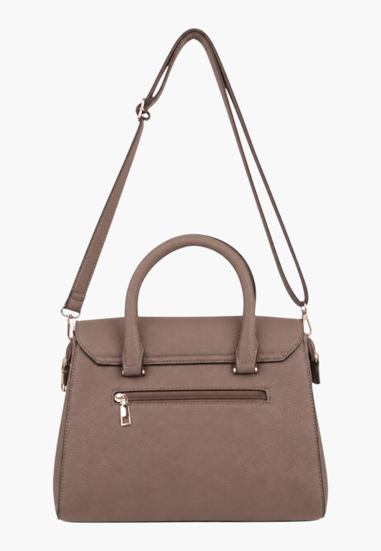 Back view of a brown handbag with a zipper pocket and adjustable strap on a white background.