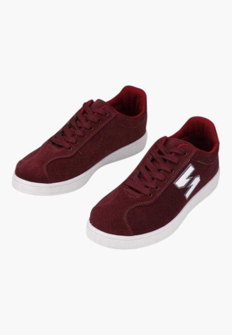 Burgundowe buty sportowe z ekozamszu, widok z boku