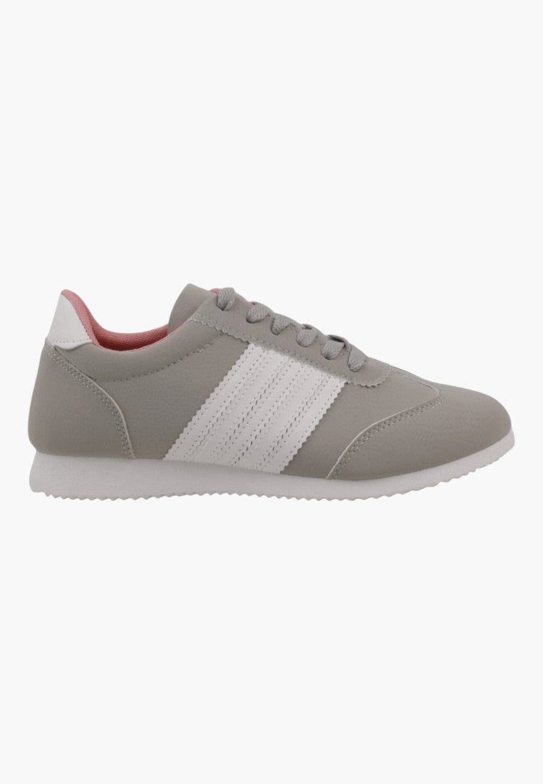 Damskie sneakersy w szarym kolorze, widok z przodu, z klasycznym designem.