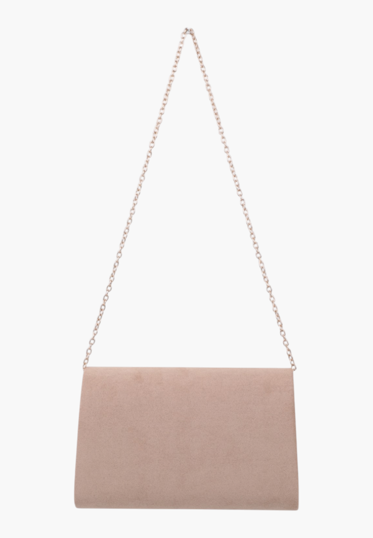 Front view of a camel faux leather clutch with a simple design.