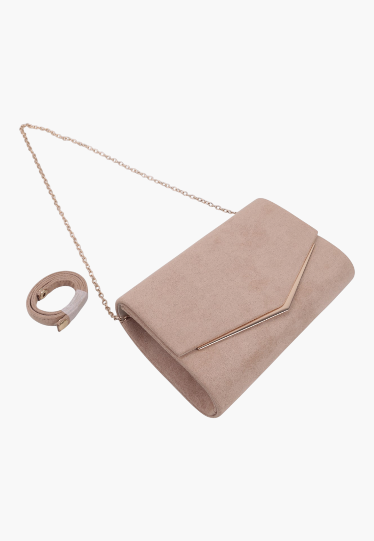 Side view of a camel faux suede clutch with a gold chain strap.