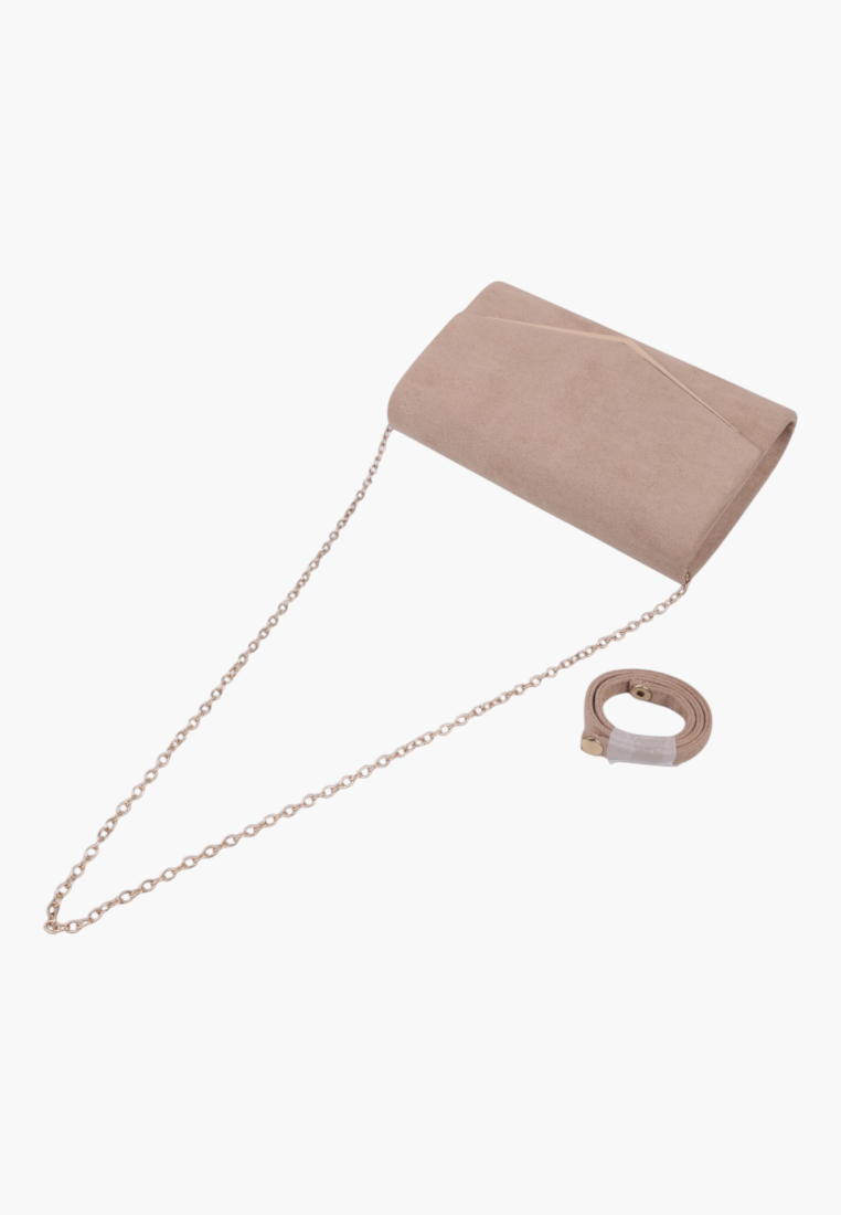 Front view of a camel faux suede envelope clutch with a gold chain strap.