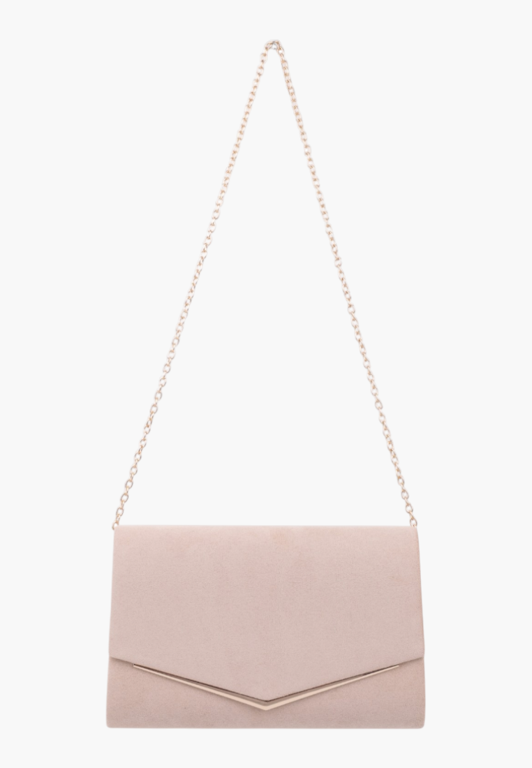 Front view of the beige faux leather clutch bag with gold chain strap and magnetic closure.