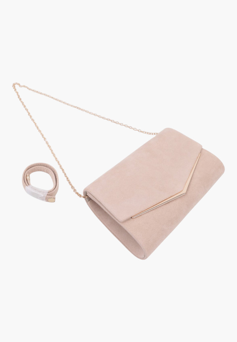 Front view of the beige faux suede envelope clutch bag with gold chain strap.