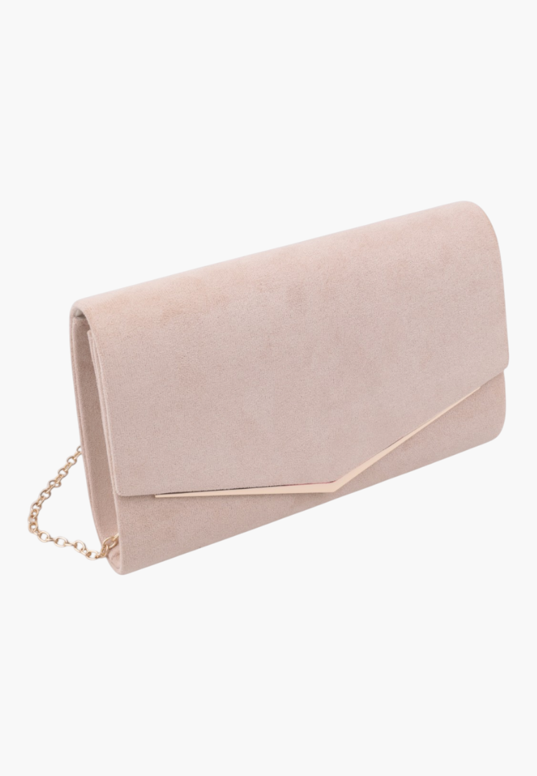 Front view of the beige faux suede envelope clutch with gold metal accent.