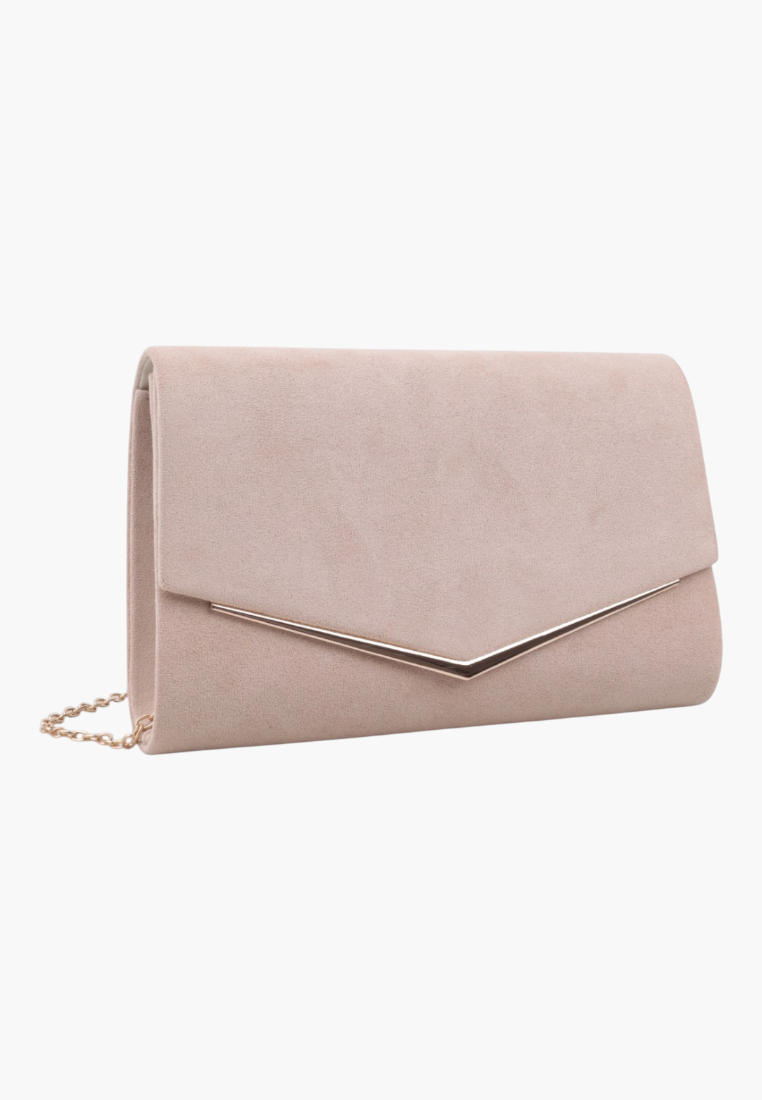 Front view of the elegant beige faux suede envelope clutch with gold trim.