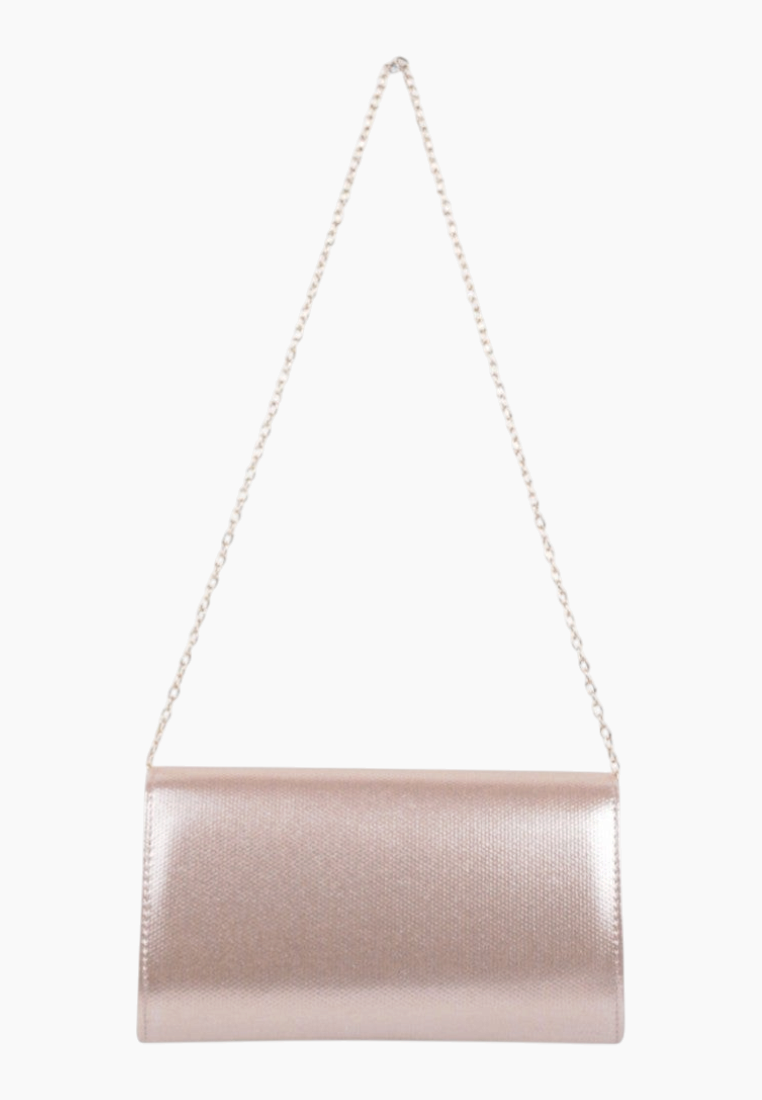 Back view of the pink clutch bag featuring a chain strap on a white background