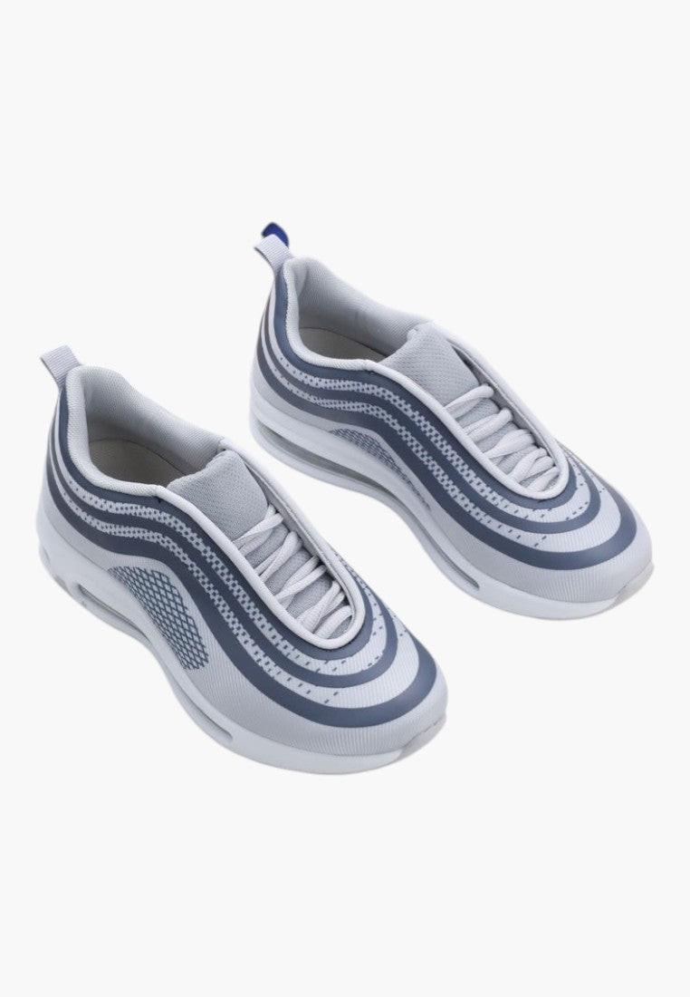 Ciemno szare buty sportowe damskie z przodu, sznurowane na białym tle.