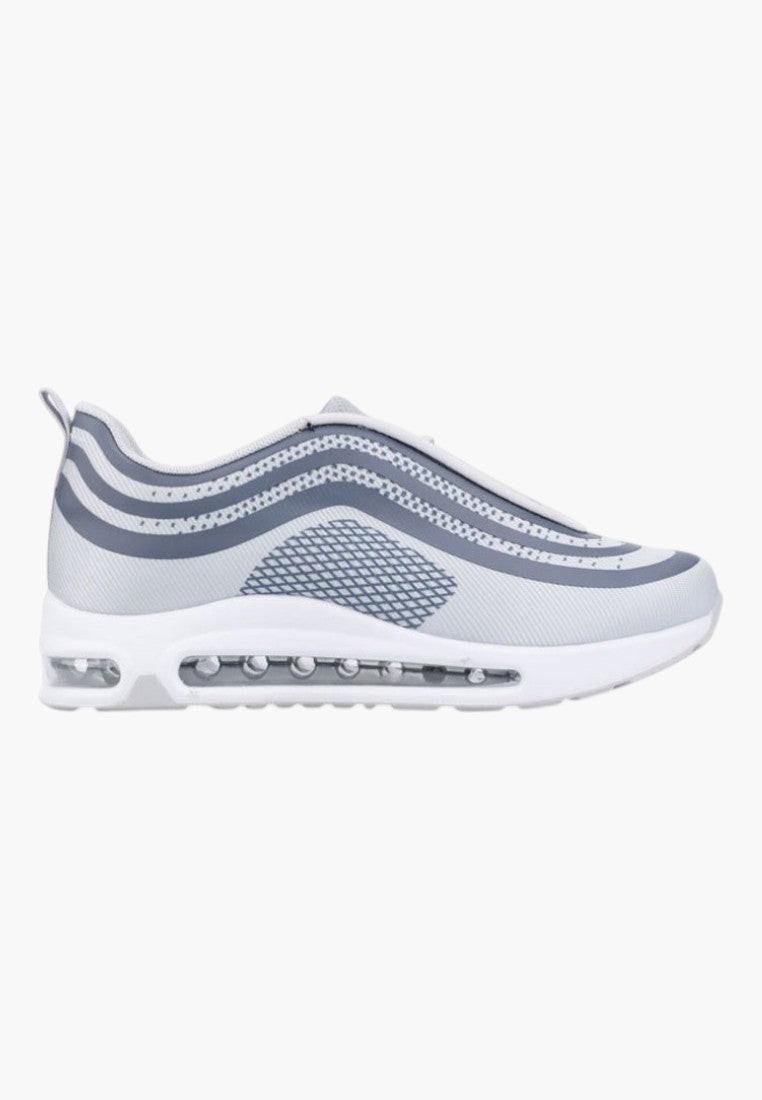 Ciemno szare buty sportowe damskie z boku, z eleganckim profilem na białym tle.