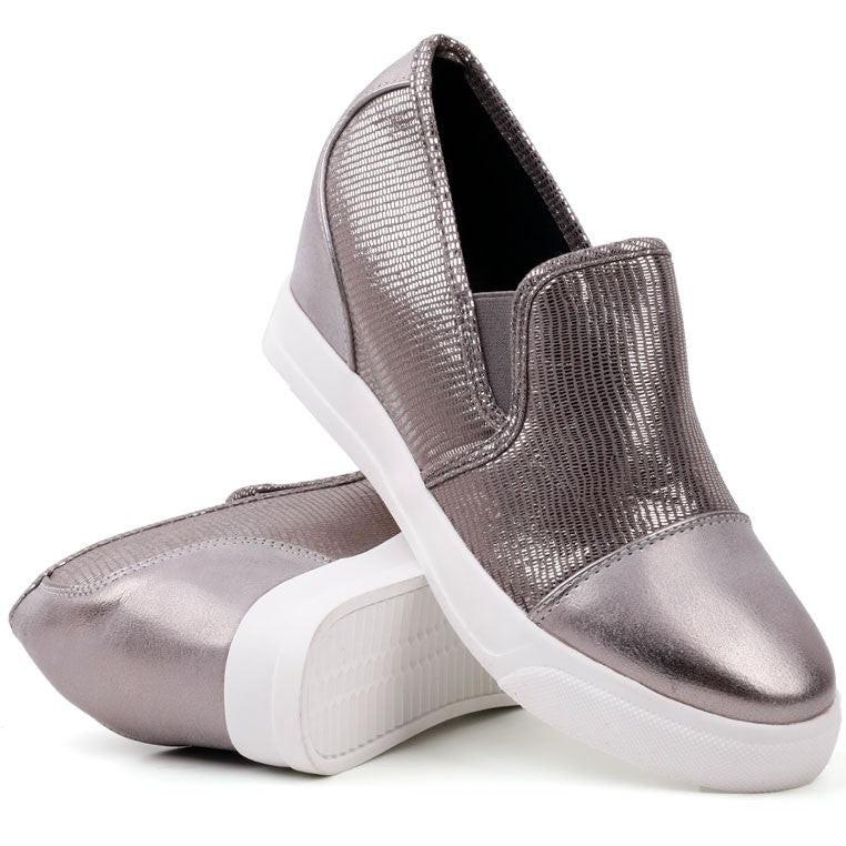 Ciemno szare sneakersy damskie z metalicznym wykończeniem, widok z innej perspektywy.