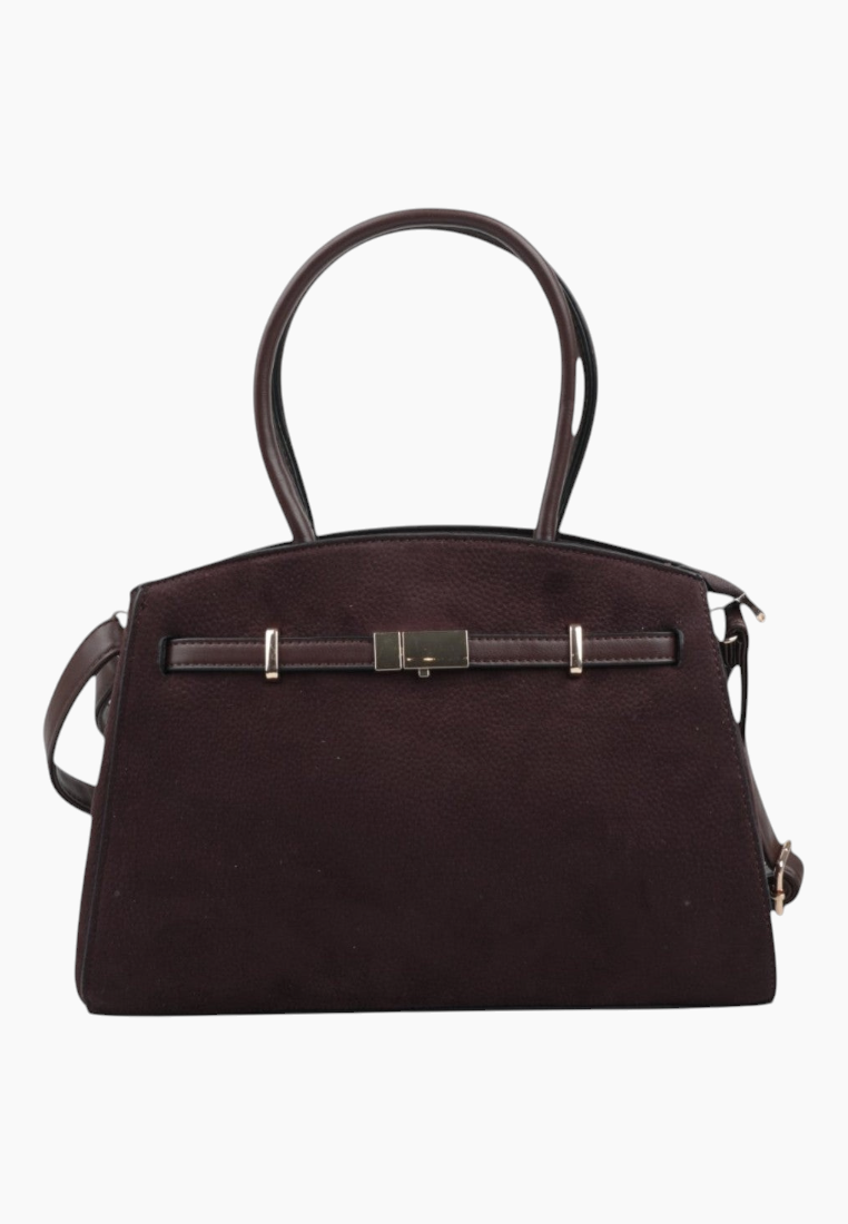 Back view of a dark brown handbag featuring top handles and silver hardware against a white backdrop.
