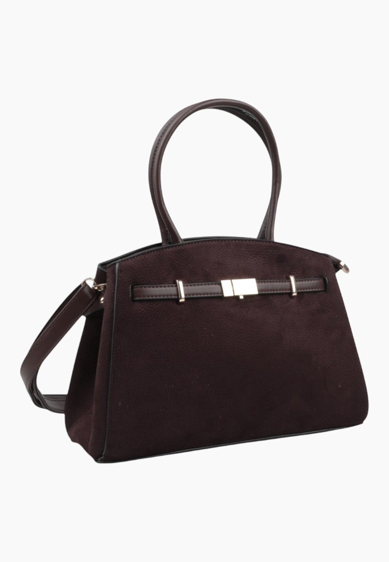 Front view of a dark brown handbag with top handles and silver hardware on a white background.
