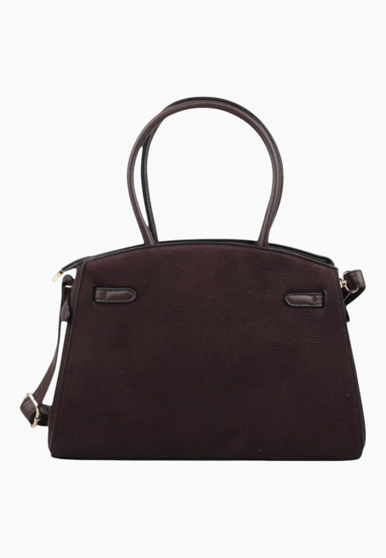 Side view of a dark brown handbag showcasing top handles and silver hardware on a white background.