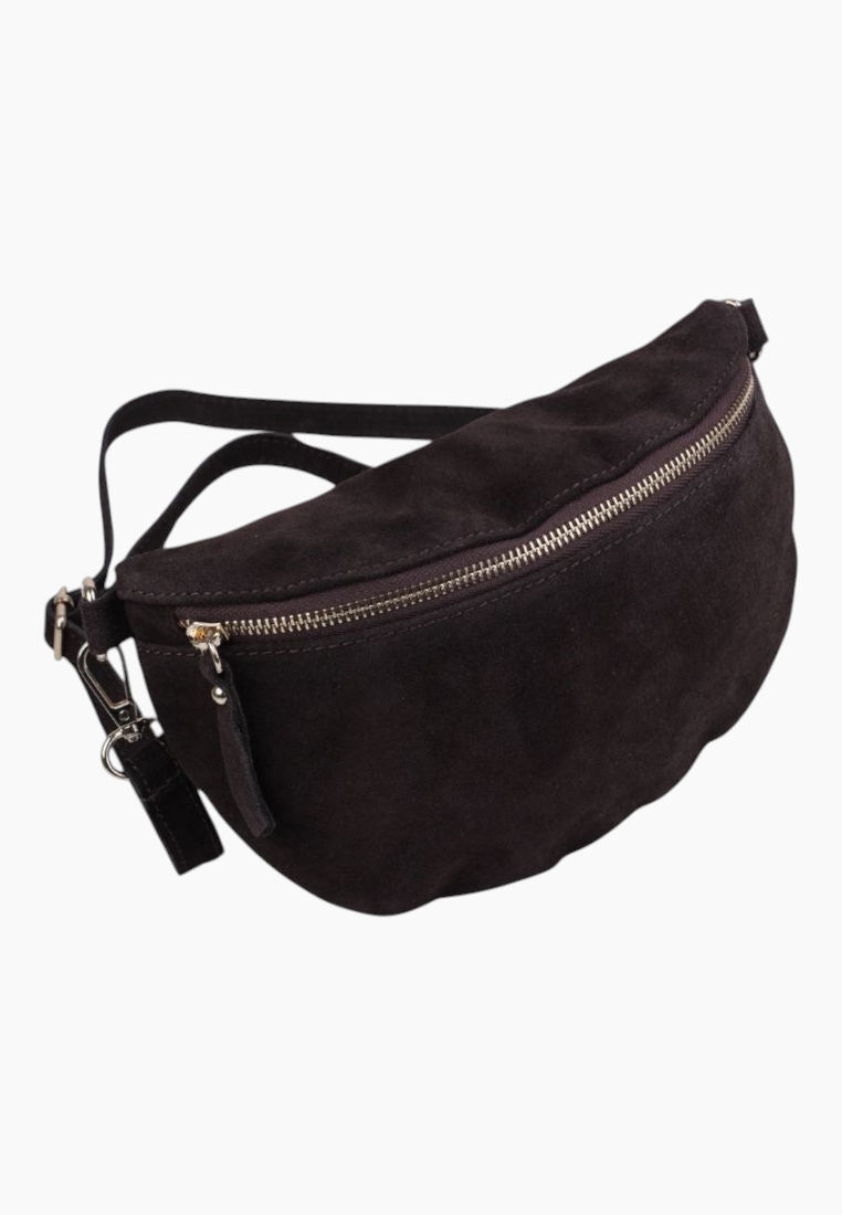 Side view of the black suede handbag featuring an adjustable strap and zipper closure.
