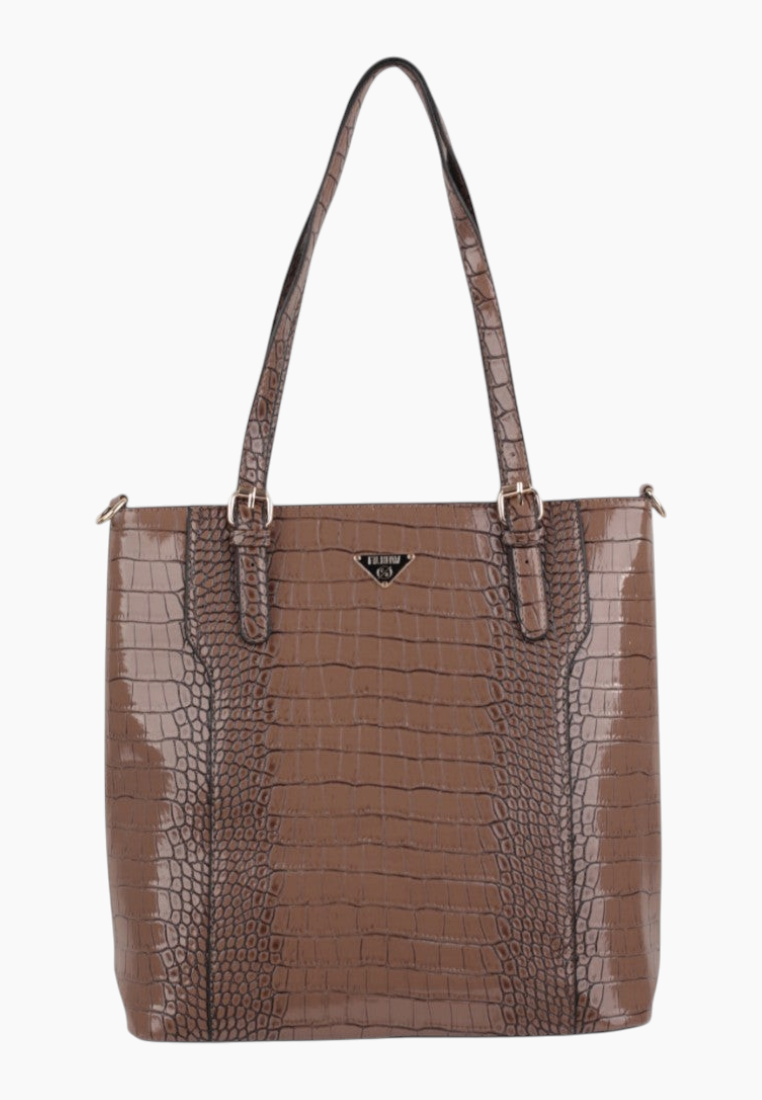 Detail view of the wnętrze brązowej torebki shopper z dwiema komorami i zamkiem błyskawicznym.