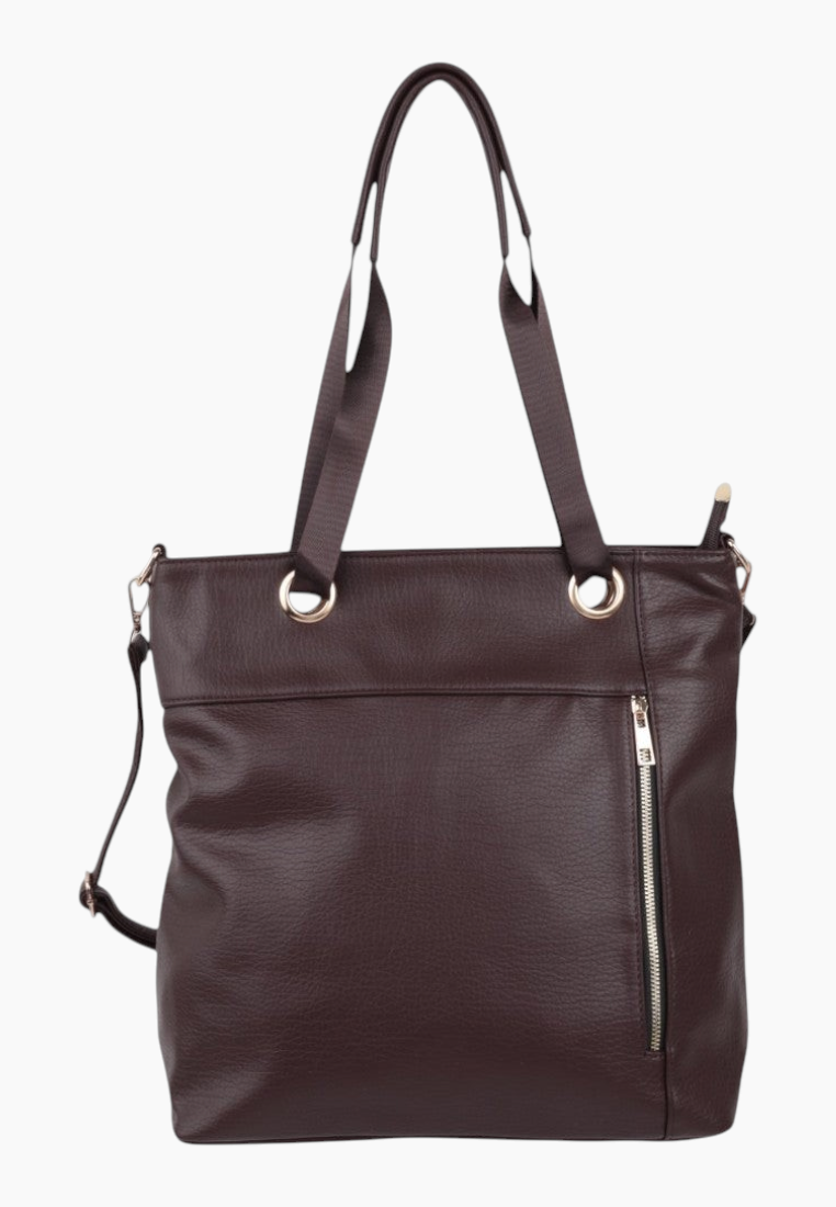 Front view of the brązowa torebka shopper z zamkiem i dwoma uchwytami na białym tle.