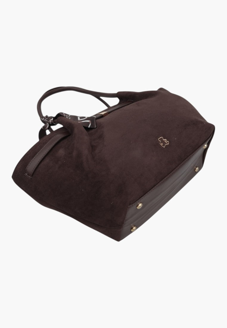 Back view of a dark brown faux suede shopper bag with spacious design and zip closure.