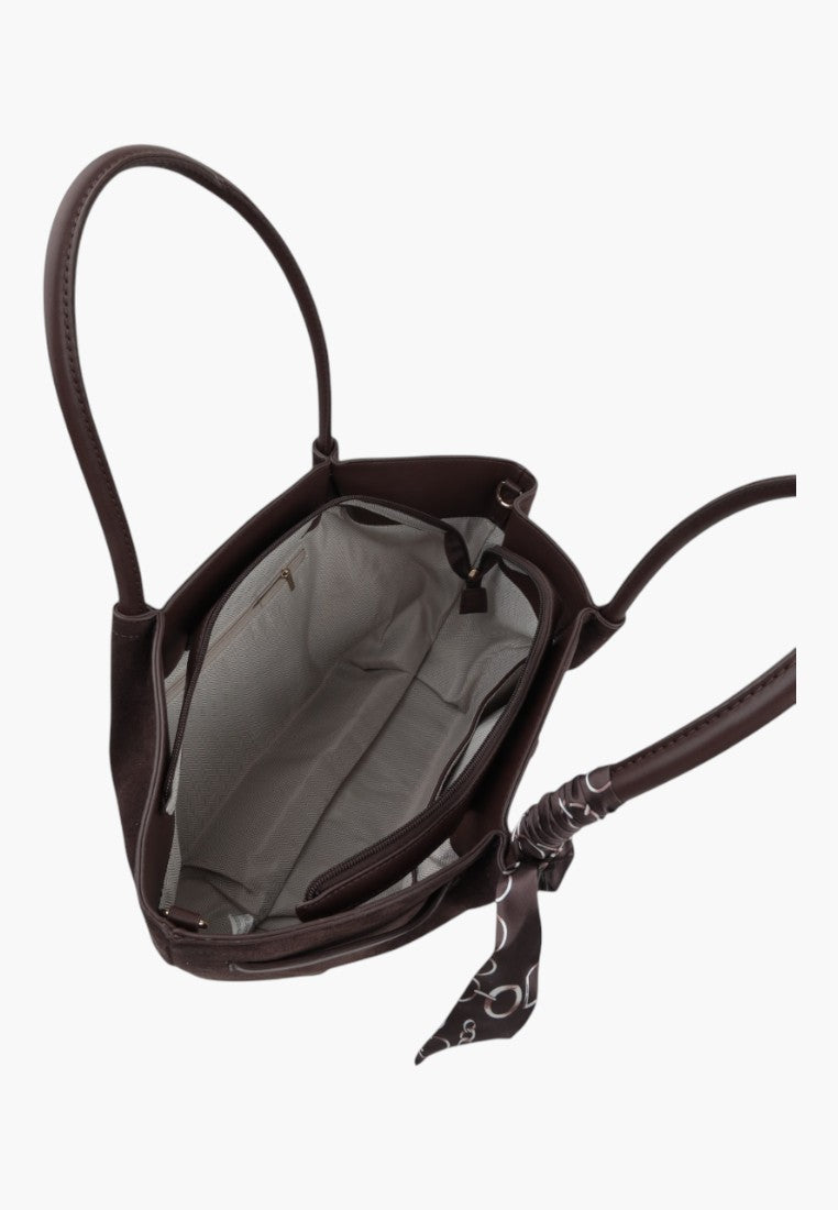 Back view of a large brown faux leather shopper bag with open top and interior zip pockets.