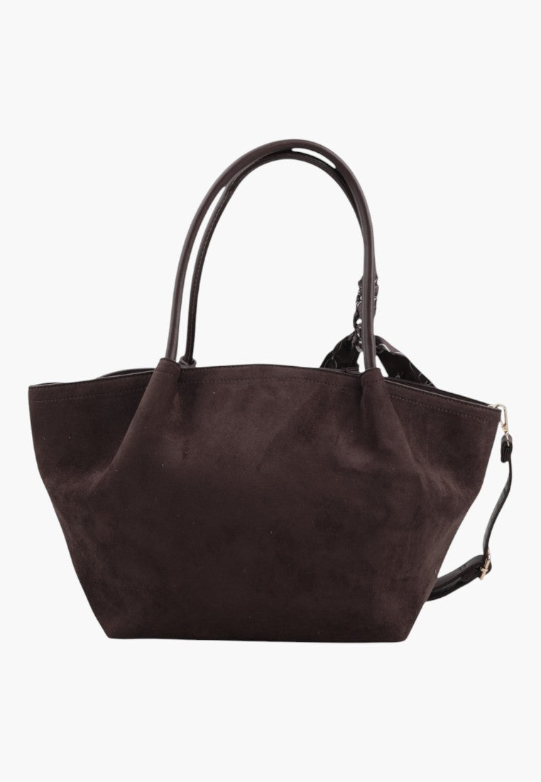 Front view of a dark brown faux suede shopper bag with zippered main compartment.