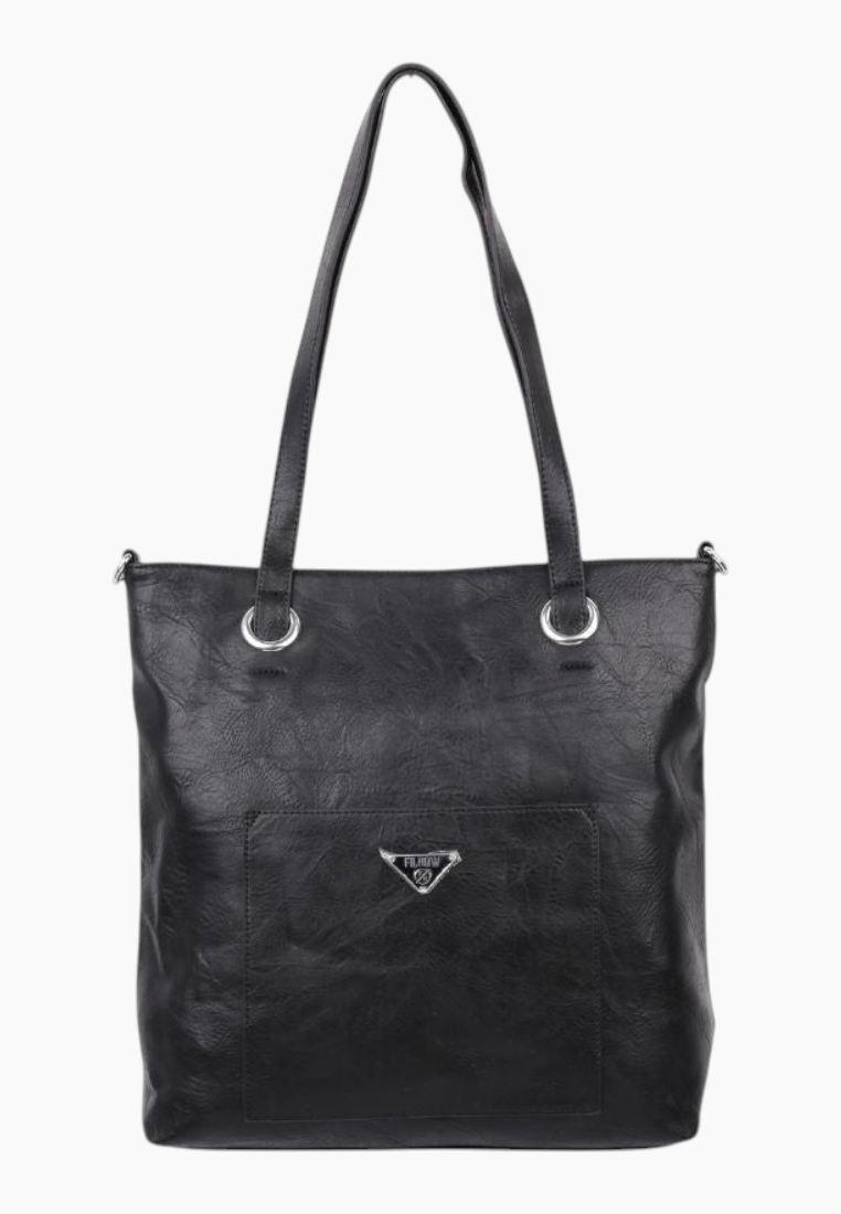 Frontalny widok czarnej torby tote z dwoma uchwytami i detalem logo.