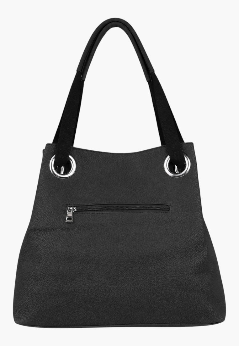 Back view of czarnej torebki shopper z kieszenią na zamek i srebrnymi detalami.