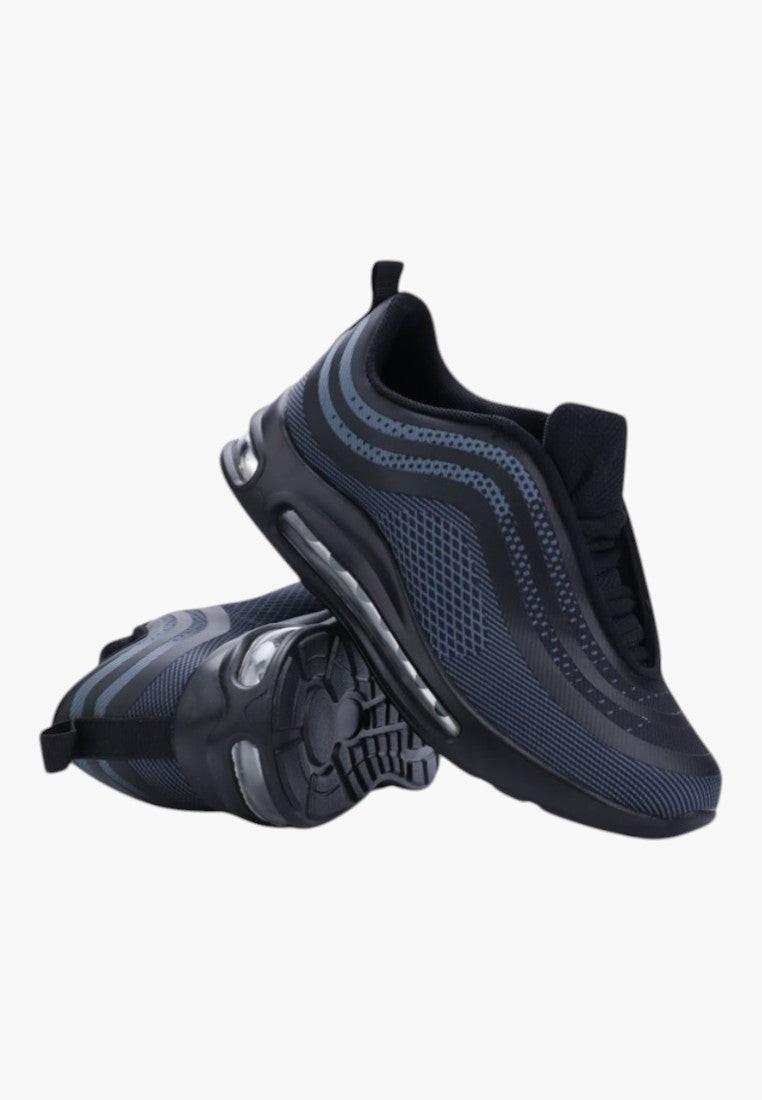Czarne buty damskie sportowe, widok z boku, minimalistyczny design