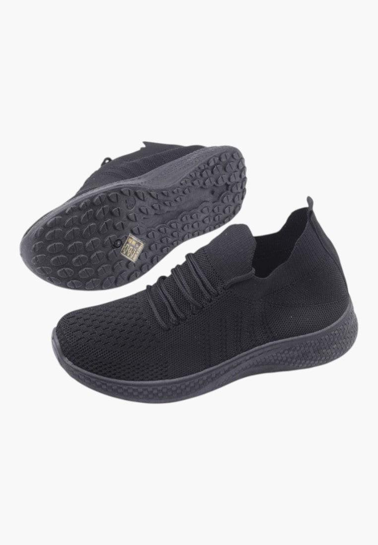 Front view of black athletic shoes with cushioned sole and slip-on style