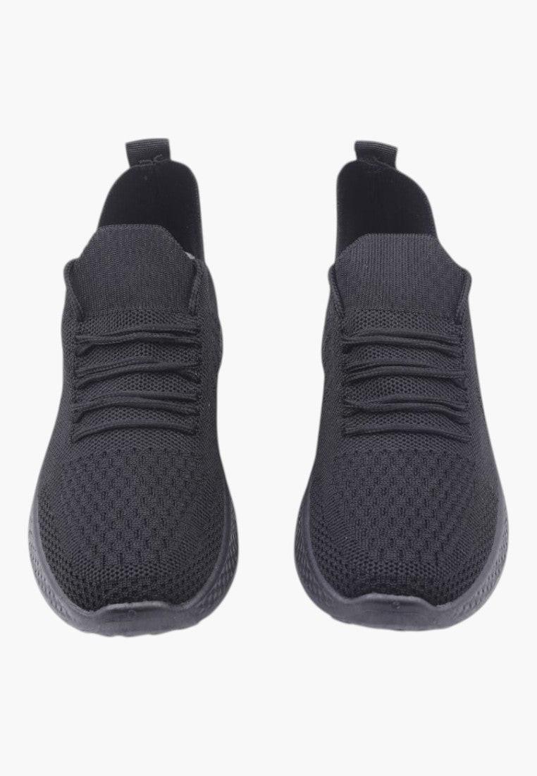 Side view of lightweight black athletic shoes made from breathable material