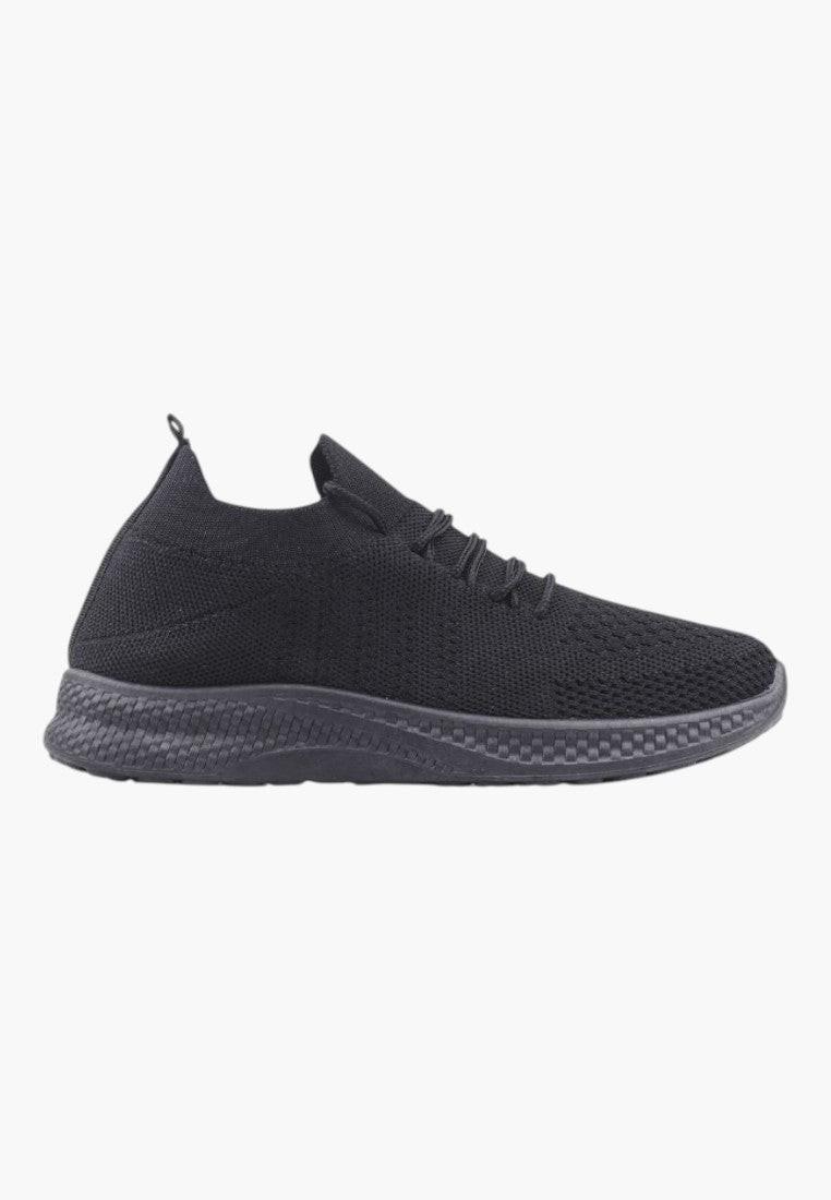Side view of black athletic shoes with mesh upper and lightweight design