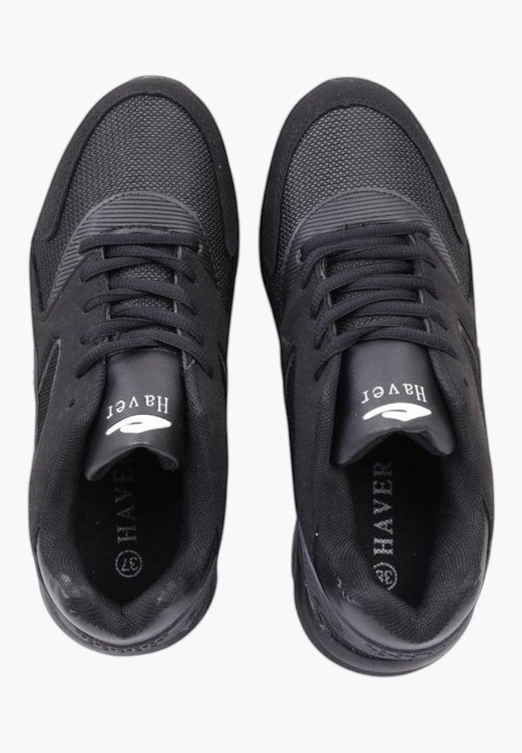 Czarne buty sportowe damskie, szczegółowy widok, elastyczna podeszwa