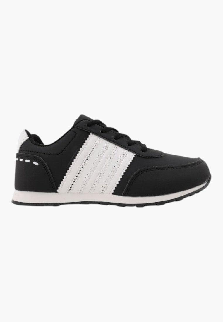 Close-up detail of black athletic shoes showcasing padded collar and rubber sole