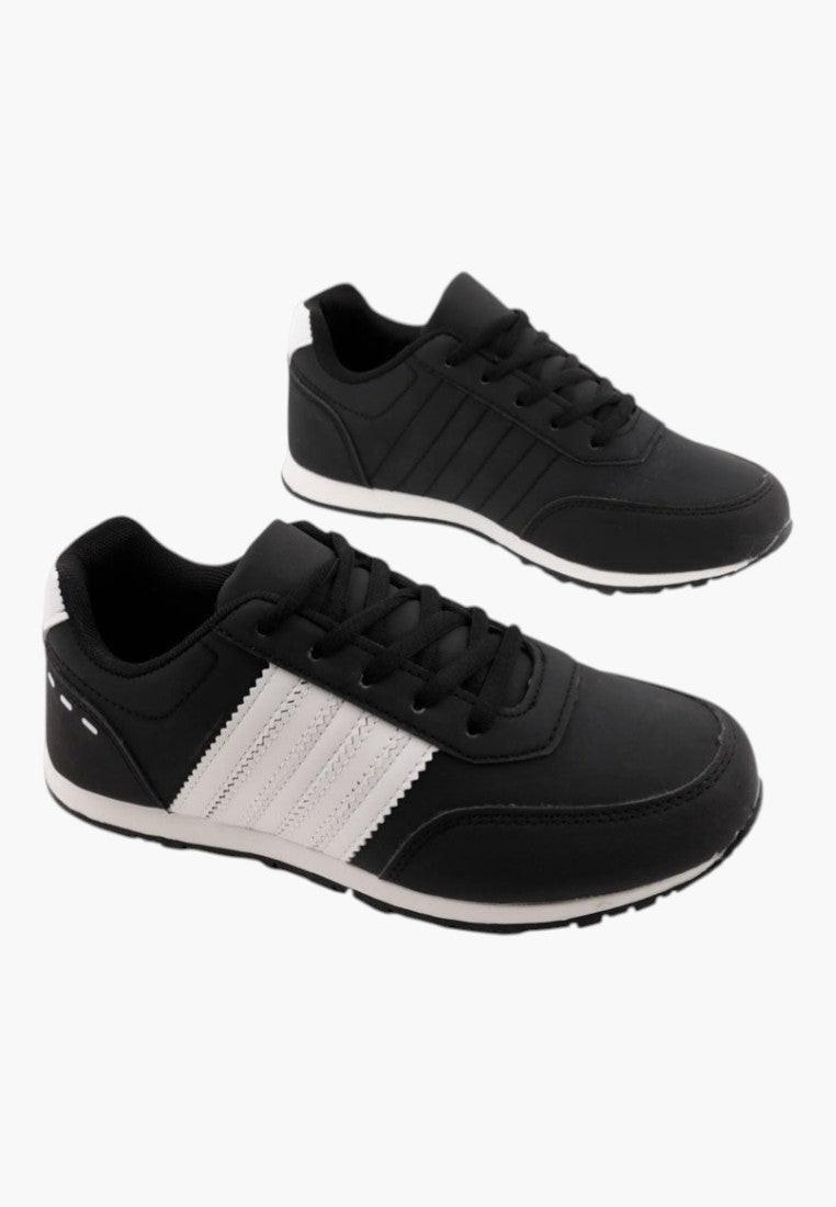 Front view of black athletic shoes with lace-up closure on a white background