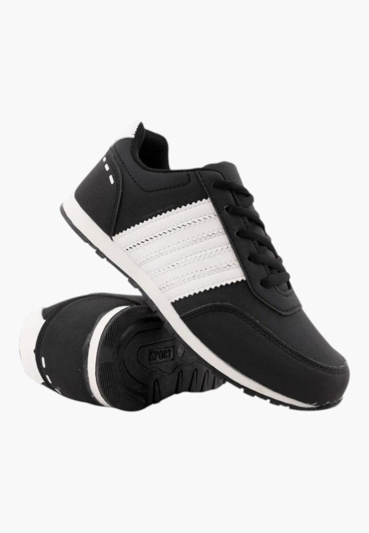 Side view of black athletic shoes featuring a contrast stripe on a white background