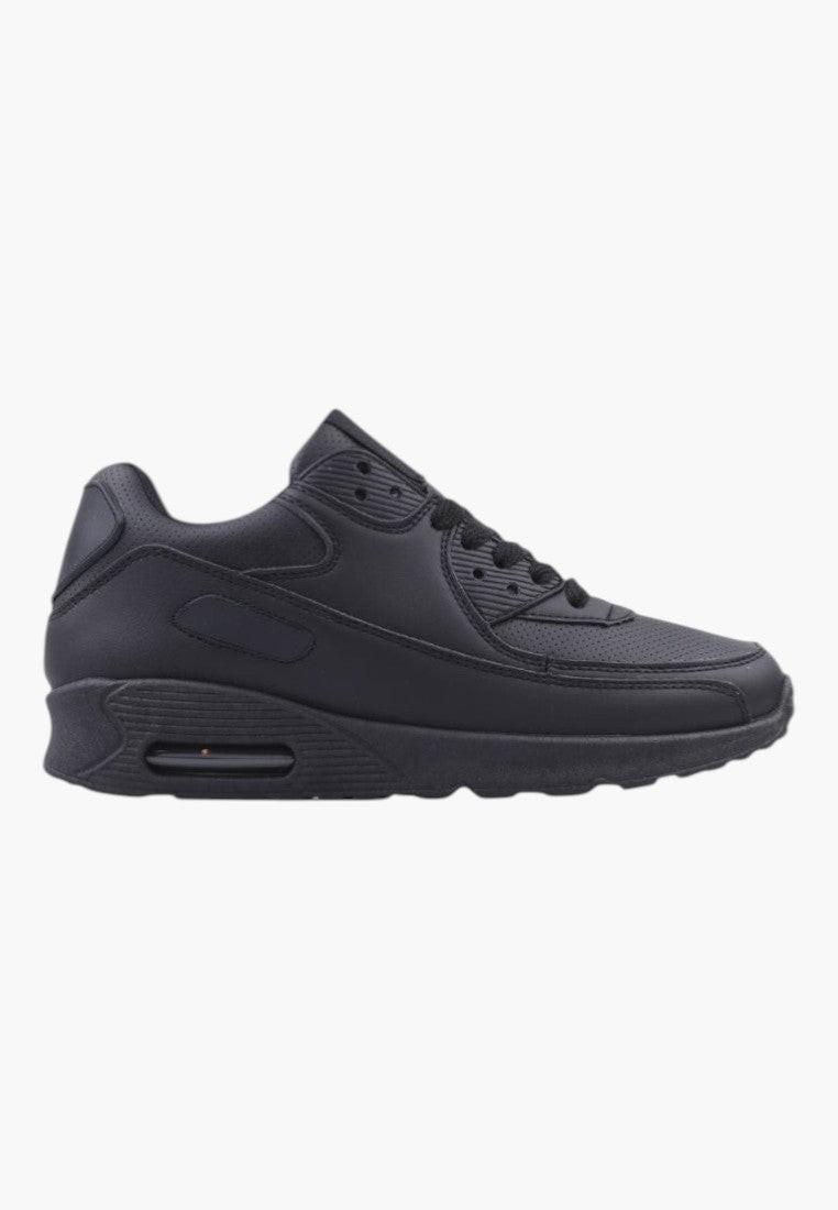Czarne buty sportowe damskie, widok z boku, sznurowane.
