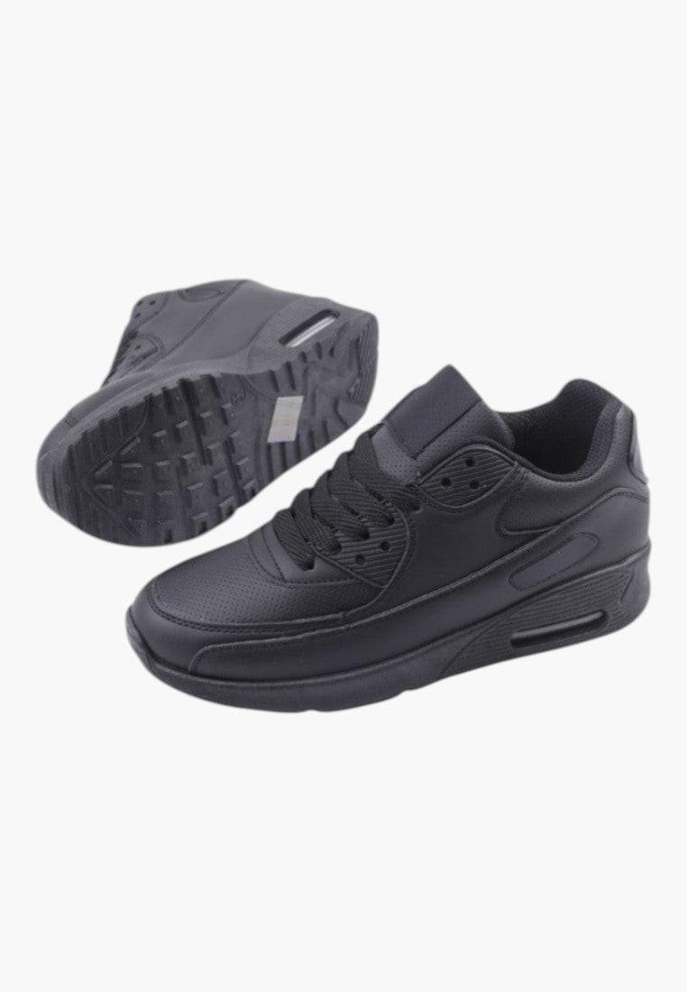 Czarne buty sportowe damskie, widok z góry, elastyczne paski.