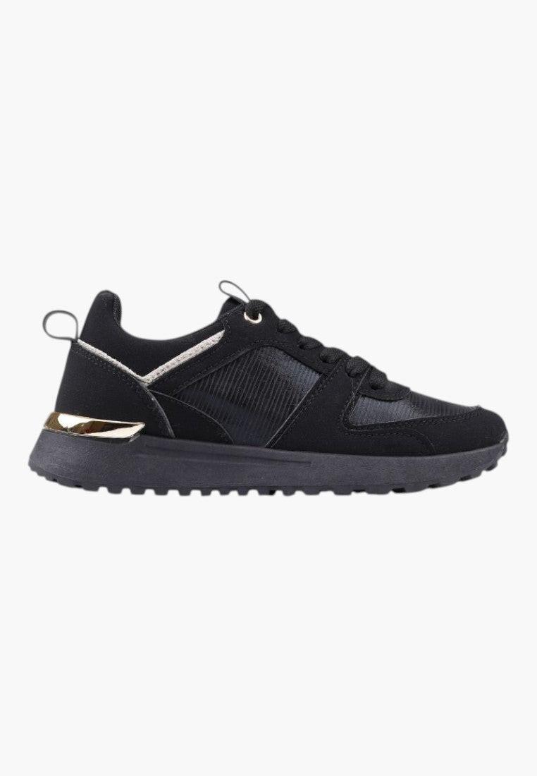 Czarne sneakersy sportowe z metalicznymi wstawkami w stylu casualowym.