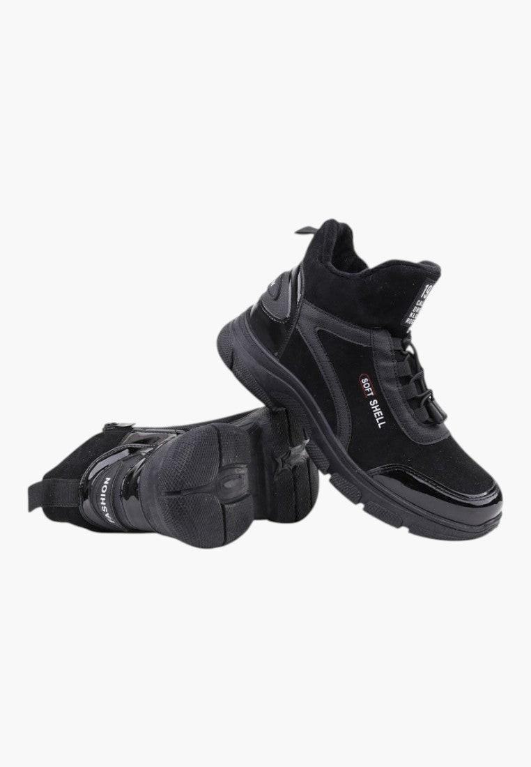 Czarne lakierowane sneakersy botki damskie w stylu życia, z detalem zamka błyskawicznego.
