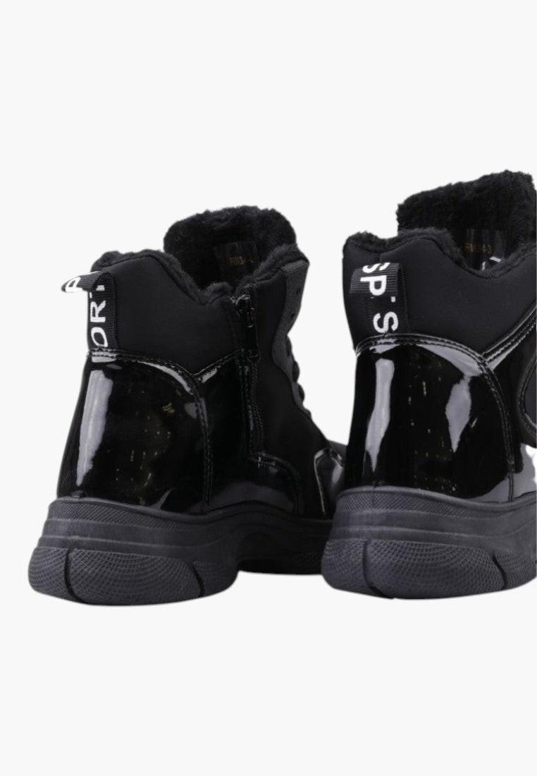 Czarne sneakersy damskie z błyszczącym wykończeniem, widok z tyłu