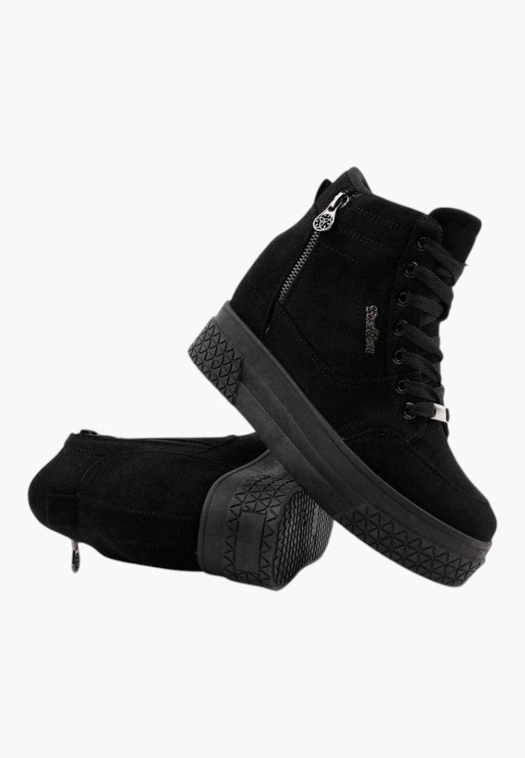 Czarne sneakersy damskie na koturnie z zamkiem błyskawicznym, widok z boku.