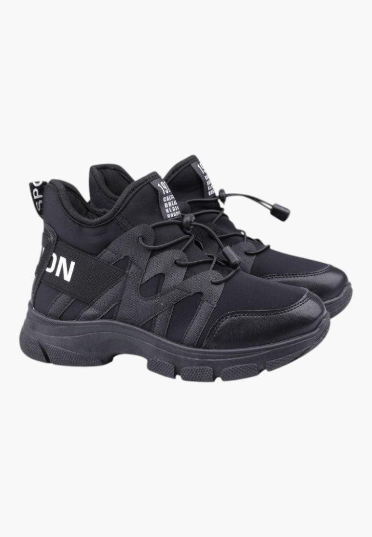 Widok z boku czarnych sneakersów damskich z zamkiem błyskawicznym.