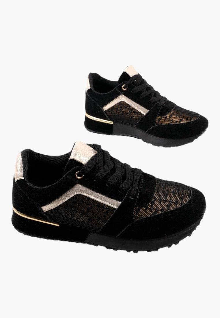 Czarno beżowe sneakersy damskie z siateczkowym wierzchem, widok z innej perspektywy.