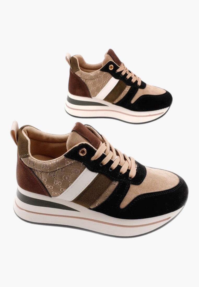 Czarno-Khaki sneakersy damskie z grubą podeszwą, widok z boku.