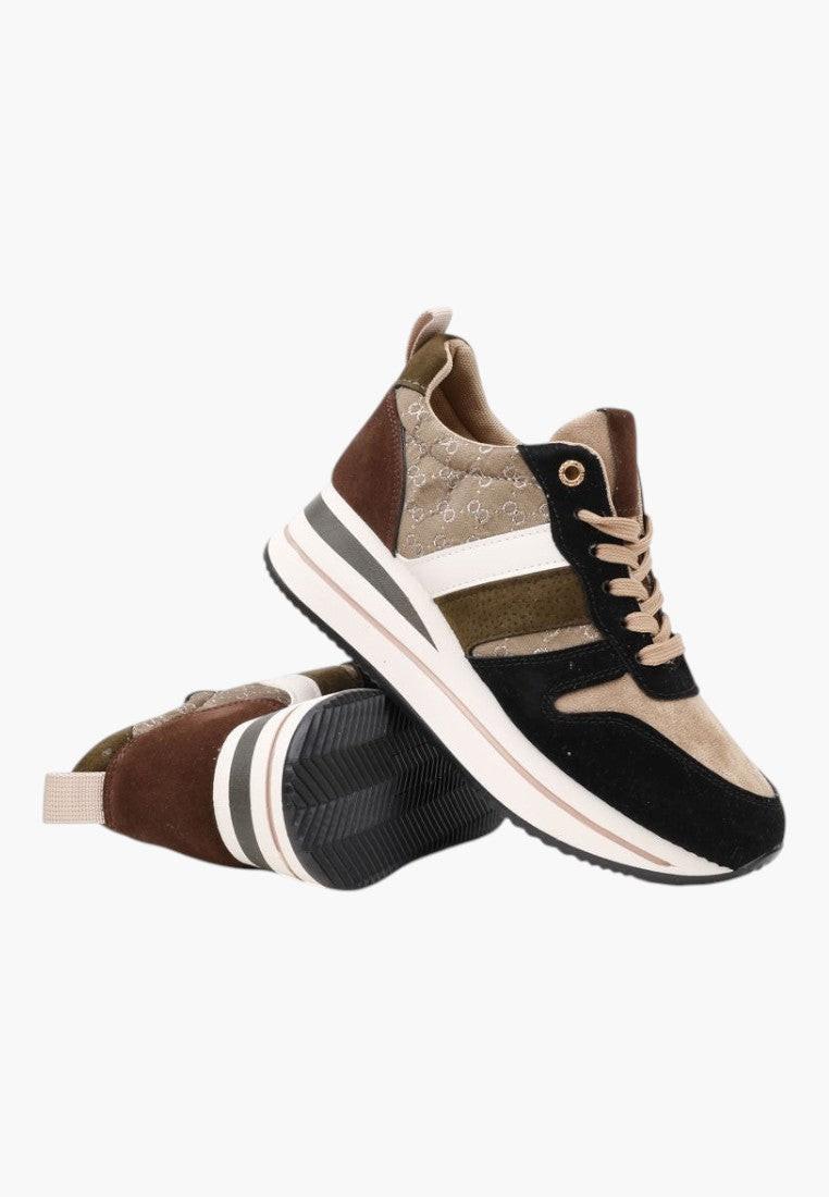 Czarno-Khaki sneakersy damskie z siateczkowym wierzchem, widok z innej perspektywy.