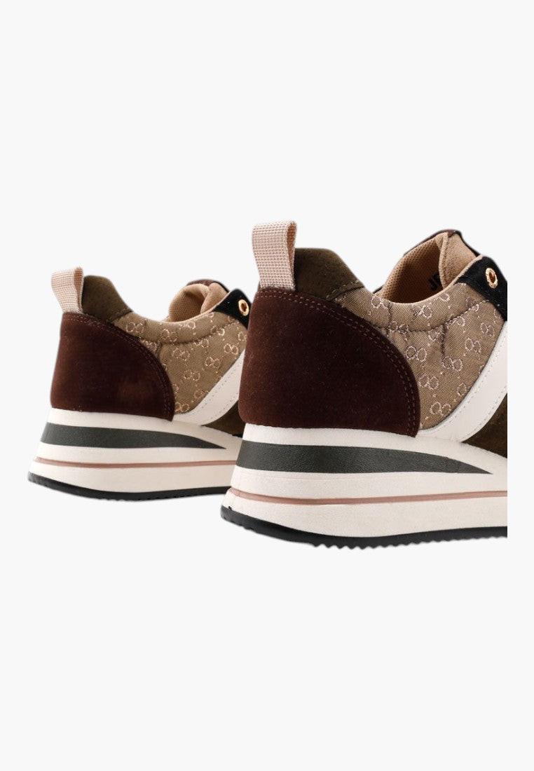 Czarno-Khaki sneakersy damskie z wyściełanym kołnierzem, widok z tyłu.