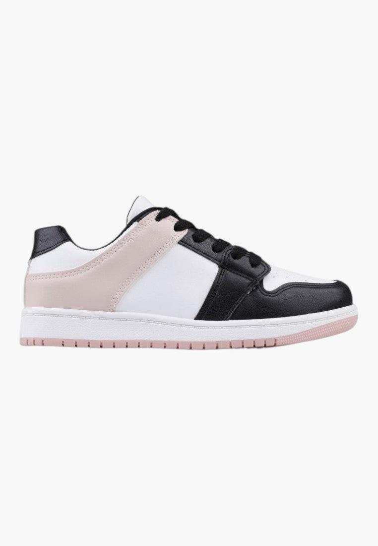 Czarno różowe buty sportowe damskie, widok z boku, elegancki design.