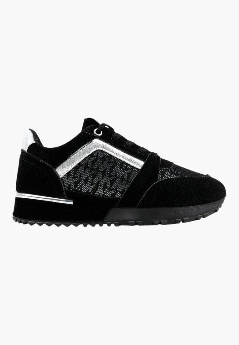 Czarno-srebrne sneakersy damskie z ekozamszu, widok z boku