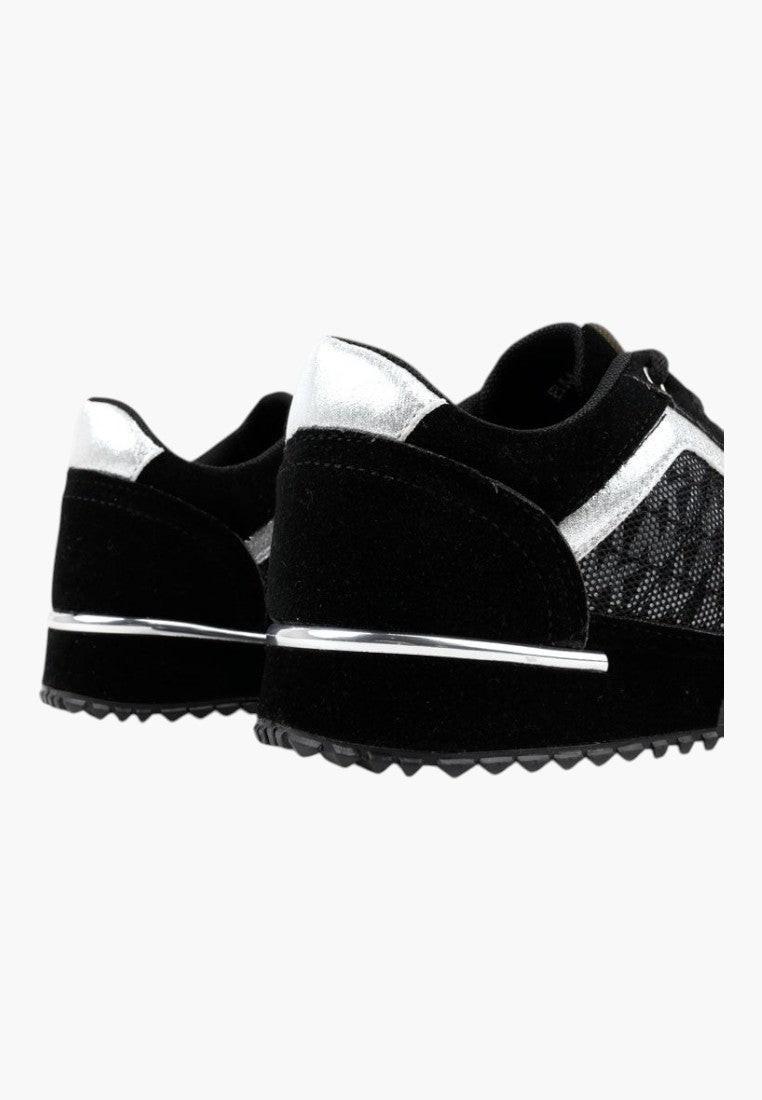Czarno-srebrne sneakersy damskie z grubą podeszwą, widok z boku