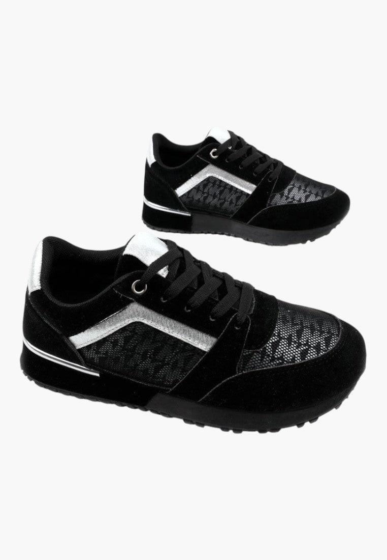 Czarno-srebrne sneakersy damskie z teksturowanym wierzchem, widok z boku
