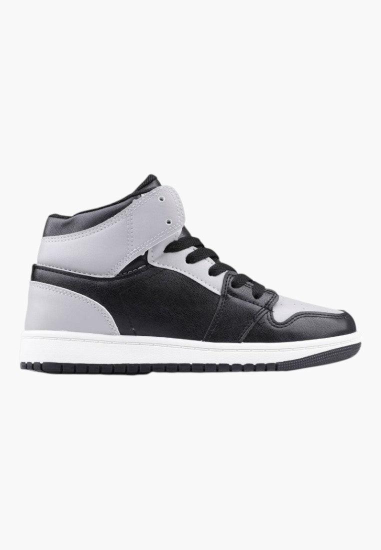 Czarno szare sneakersy damskie z wysoką cholewką, widok z boku.