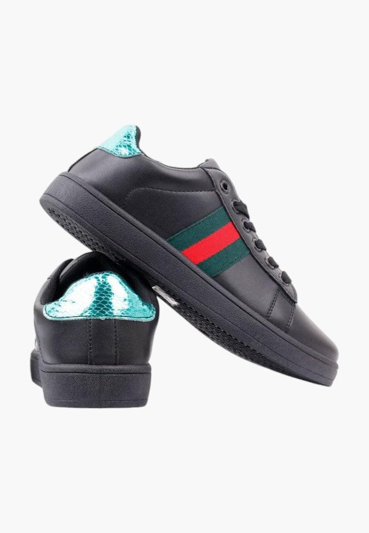 Czarno zielone buty sportowe damskie z kolorowym paskiem na pięcie, widok z tyłu